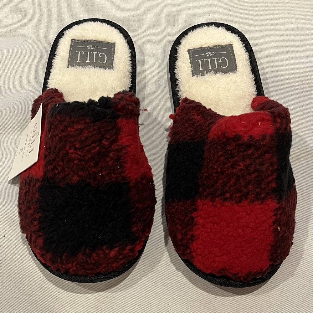 GILI Got It Love It Sherpa Slippers Womens Small 5-6 Plaid Cozy House Shoes New